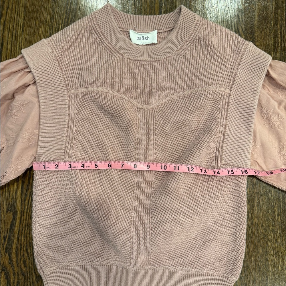 ba&sh Samoa Pink Embroidered Knit Lace Puff Sleeve Sweater Blouse Top Sz 2 US 6 - Picture 3 of 10